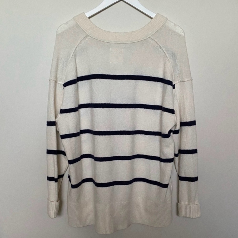 Aerie Oversized V-Neck Sweater - Cream and Navy Blue Stripes - Picture 5 of 7
